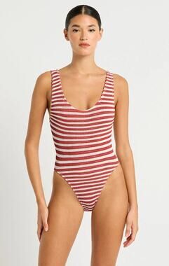 Bond Eye Mara One Piece Swimsuit Red Rooibos Striped  Stretch O/S New